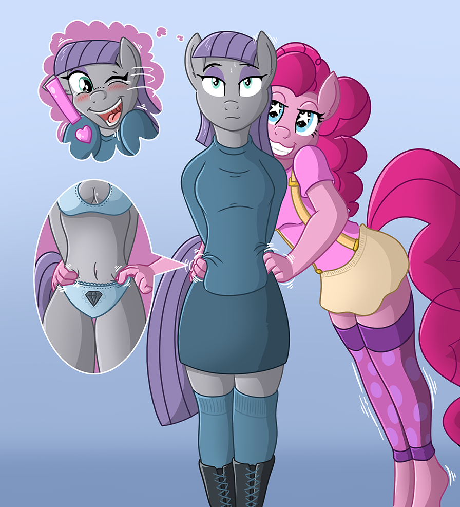 967854 - suggestive, artist:caroo, maud pie, pinkie pie, earth pony,  anthro, plantigrade anthro, g4, belly button, blue underwear, breasts,  clothes, cute, cutie mark underwear, ear flick, exclamation point, female,  frilly underwear, pie