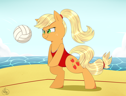 Size: 2600x2000 | Tagged: safe, artist:notenoughapples, applejack, g4, alternate hairstyle, beach, bipedal, clothes, cutie mark, female, high res, one-piece swimsuit, ponytail, red swimsuit, solo, standing on two hooves, swimsuit, volleyball