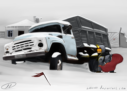 Size: 6197x4441 | Tagged: safe, artist:apocheck13, oc, oc only, absurd resolution, goggles, russian, snow, solo, truck, winter