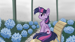 Size: 3840x2160 | Tagged: safe, artist:leafbunny, twilight sparkle, alicorn, pony, g4, bench, chest fluff, colored pupils, cute, female, flower, fluffy, greenhouse, high res, mare, pixiv, profile, sitting, solo, twiabetes, twilight sparkle (alicorn)