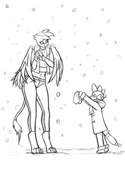 Size: 800x1131 | Tagged: safe, artist:franschesco, gilda, spike, dragon, griffon, anthro, digitigrade anthro, unguligrade anthro, g4, abs, belly button, christmas, clothes, cold, cute, female, holiday, jacket, male, midriff, monochrome, scarf, ship:spilda, shipping, snow, snowfall, straight, straight shota, winter