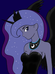 Size: 1024x1364 | Tagged: safe, artist:koku-chan, princess luna, alicorn, human, g4, cleavage, female, horn, horned humanization, humanized, pony coloring, solo, starry mane, tiara, winged humanization