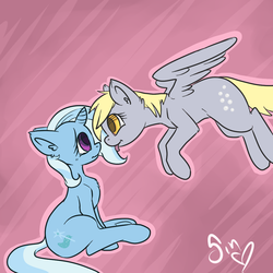Size: 1000x1000 | Tagged: safe, artist:poisindoodles, derpy hooves, trixie, pegasus, pony, g4, :p, crying, cute, eye contact, female, fluffy, flying, mare, sitting, smiling, spread wings, tongue out
