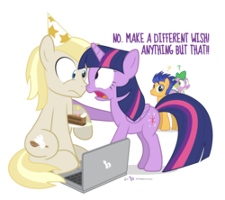 Size: 1080x960 | Tagged: safe, artist:dm29, flash sentry, spike, twilight sparkle, oc, oc:colin nary, alicorn, pony, g4, birthday, boop, cake, computer, duo, eye contact, female, frown, hat, hoof hold, laptop computer, mare, noseboop, open mouth, party hat, question mark, raised hoof, simple background, sitting, transparent background, twilight sparkle (alicorn), wide eyes