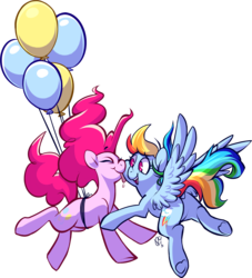 Size: 3984x4380 | Tagged: safe, artist:comikazia, pinkie pie, rainbow dash, g4, balloon, face licking, female, flying, lesbian, licking, ship:pinkiedash, shipping, then watch her balloons lift her up to the sky, tongue out, underhoof
