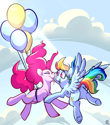 Size: 4000x4550 | Tagged: safe, artist:comikazia, pinkie pie, rainbow dash, g4, balloon, female, flying, lesbian, licking, ship:pinkiedash, shipping, then watch her balloons lift her up to the sky, tongue out, underhoof