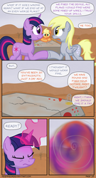 Size: 1280x2375 | Tagged: safe, artist:moemneop, applejack, derpy hooves, twilight sparkle, pegasus, pony, comic:return to equestria, g4, comic, female, magic, mare