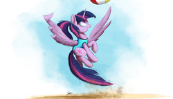 Size: 2000x1143 | Tagged: safe, artist:ncmares, twilight sparkle, alicorn, pony, g4, ball, beach, beach ball, clothes, female, fun, looking up, mare, newbie artist training grounds, one-piece swimsuit, open mouth, ponytail, sand, signature, sky, solo, spread wings, swimsuit, twilight sparkle (alicorn), wings