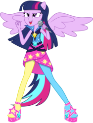 Size: 6000x8000 | Tagged: safe, artist:caliazian, twilight sparkle, equestria girls, g4, my little pony equestria girls: rainbow rocks, absurd resolution, clothes, ears, female, long hair, microphone, open mouth, ponied up, ponytail, rainbow rocks outfit, simple background, singing, solo, transparent background, vector, welcome to the show, wings