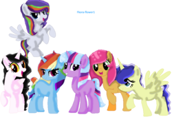 Size: 867x588 | Tagged: safe, artist:flora-flower1, artist:selenaede, oc, oc only, oc:celedisc, oc:lunashy, oc:pinkie jack, oc:rainbowty, oc:raridash, oc:trixie sparkle, alicorn, hybrid, pony, alicorn oc, digital art, interspecies offspring, magical lesbian spawn, next generation, not rainbow dash, offspring, paint.net, parent:applejack, parent:discord, parent:fluttershy, parent:pinkie pie, parent:princess celestia, parent:princess luna, parent:rainbow dash, parent:rarity, parent:trixie, parent:twilight sparkle, parents:applepie, parents:dislestia, parents:lunashy, parents:raridash, parents:twixie