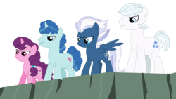 Size: 5000x2813 | Tagged: safe, artist:sketchmcreations, double diamond, night glider, party favor, sugar belle, earth pony, pegasus, pony, unicorn, g4, the cutie map, cliff, equal four, female, group, group shot, high res, inkscape, looking down, male, mare, quartet, show accurate, simple background, stallion, transparent background, vector