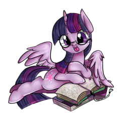 Size: 1024x1024 | Tagged: safe, artist:kkuyo, twilight sparkle, alicorn, pony, g4, :p, adorkable, book, cute, dork, female, fluffy, glasses, looking at you, mare, meganekko, prone, simple background, smiling, solo, spread wings, tongue out, transparent background, twiabetes, twilight sparkle (alicorn)
