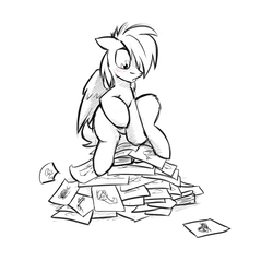 Size: 1280x1280 | Tagged: safe, artist:captainhoers, oc, oc only, oc:silvia windmane, pegasus, blushing, looking down, monochrome, paper, pegasus oc, pictures, sitting, solo