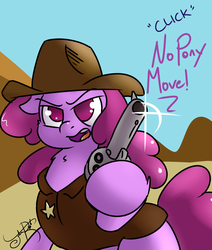 Size: 1697x2000 | Tagged: safe, artist:jorobro, berry punch, berryshine, earth pony, pony, g4, female, gun, sheriff, solo