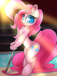 Size: 1280x1715 | Tagged: safe, artist:madacon, pinkie pie, earth pony, anthro, unguligrade anthro, g4, belly button, cane, chest fluff, crepuscular rays, cute, diapinkes, ear fluff, female, fluffy, leaning, looking at you, ringmaster, smiling, solo