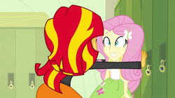 Size: 1904x1064 | Tagged: safe, edit, edited screencap, screencap, fluttershy, sunset shimmer, equestria girls, g4, inverted mouth