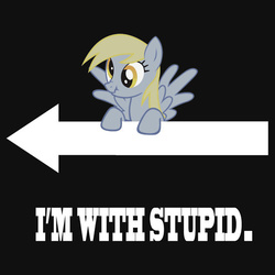 Size: 550x550 | Tagged: artist needed, safe, derpy hooves, pegasus, pony, g4, arrow, female, i'm with stupid, juxtaposition bait, mare, meme, scrunchy face, solo