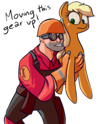 Size: 1589x1948 | Tagged: safe, artist:impcjcaesar, applejack, pony, g4, crossover, engineer, engineer (tf2), hatless, holding a pony, missing accessory, simple background, team fortress 2, transparent background