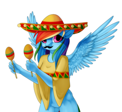 Size: 1081x991 | Tagged: safe, artist:ponyinsideme, rainbow dash, anthro, g4, clothes, featureless crotch, female, maracas, mexico, mousdash, moustache, musical instrument, poncho, solo, sombrero