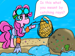 Size: 1024x768 | Tagged: safe, artist:radiancethecyberpony, pinkie pie, g4, beach, female, net, ray (fish), solo