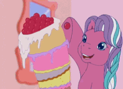 Size: 498x360 | Tagged: safe, screencap, cotton candy (g3), pinkie pie (g3), sweetberry, a charming birthday, g3, animated, baking, cake, cottonberry, fail, female