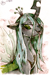 Size: 507x756 | Tagged: safe, artist:mi-eau, edit, queen chrysalis, changeling, changeling queen, g4, crown, female, jewelry, quadrupedal, regalia, sketch, solo, tongue out, traditional art