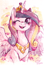 Size: 467x694 | Tagged: safe, artist:mi-eau, edit, princess cadance, alicorn, pony, g4, blushing, cute, cutedance, female, looking at you, mare, open mouth, portrait, smiling, solo, spread wings, traditional art, wink