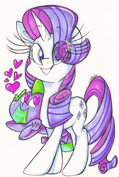 Size: 1024x1521 | Tagged: safe, artist:colorharmonypeeps, rarity, spike, dragon, pony, unicorn, g4, colored sketch, deviantart watermark, female, floating, heart, male, mare, obtrusive watermark, ship:sparity, shipping, straight, traditional art, watermark