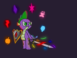 Size: 1600x1200 | Tagged: safe, artist:vanguardguy, spike, dragon, g4, cutie mark, element of generosity, element of honesty, element of kindness, element of laughter, element of loyalty, element of magic, elements of harmony, legacy of the pony, male, shield, solo, sword