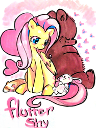 Size: 960x1280 | Tagged: safe, artist:luvlymilk, edit, angel bunny, fluttershy, bear, hamster, g4, animal, traditional art