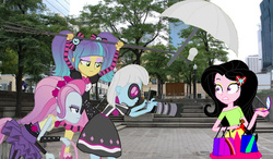 Size: 880x515 | Tagged: safe, artist:karalovely, photo finish, pixel pizazz, violet blurr, oc, oc:kara lovely, equestria girls, g4, my little pony equestria girls: rainbow rocks, equestria girls in real life, the snapshots