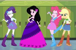 Size: 1024x668 | Tagged: safe, artist:karalovely, artist:selenaede, applejack, pinkie pie, rarity, oc, oc:kara lovely, equestria girls, g4, balloon, base used, boots, bracelet, clothes, dress, gala dress, high heel boots, jewelry, skirt