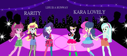 Size: 1280x561 | Tagged: safe, artist:karalovely, bon bon, cheerilee, derpy hooves, lyra heartstrings, rarity, sweetie drops, oc, oc:kara lovely, equestria girls, g4, life is a runway, my little pony equestria girls: rainbow rocks