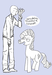 Size: 700x1000 | Tagged: safe, artist:ponehanon, rarity, oc, oc:anon, human, pony, unicorn, g4, bouquet, clothes, flower, monochrome, necktie, pants, rejection, shirt, shoes, suit