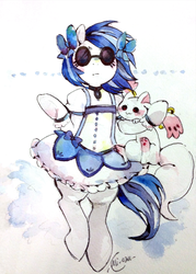 Size: 1112x1555 | Tagged: safe, artist:mi-eau, edit, dj pon-3, vinyl scratch, alien, g4, clothes, cropped, crossover, dress, female, glasses, incubator (species), kyubey, magical girl, puella magi madoka magica, solo, traditional art, watercolor painting