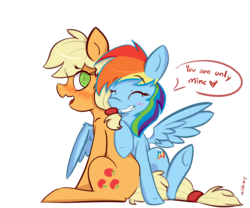 Size: 1200x1000 | Tagged: dead source, safe, artist:shiny-cooler, applejack, rainbow dash, g4, blushing, embarrassed, eyes closed, female, grin, heart, hug, lesbian, looking back, ship:appledash, shipping, simple background, sitting, smiling, speech bubble, spread wings, swirly eyes, transparent background, underhoof, wide eyes, winghug