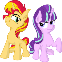 Size: 2949x2948 | Tagged: safe, artist:spinoffjoe, starlight glimmer, sunset shimmer, pony, unicorn, g4, high res, raised hoof, side by side, smirk