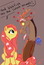 Size: 2000x3000 | Tagged: safe, artist:praysforaprankster, discord, fluttershy, blobfish, draconequus, pegasus, pony, g4, dialogue, duo, female, flower, flower in hair, heart, high res, looking at each other, male, profile, ship:discoshy, shipping, speech bubble, straight