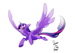 Size: 3507x2480 | Tagged: safe, artist:dormin-dim, twilight sparkle, alicorn, pony, g4, female, flying, happy, high res, mare, signature, simple background, smiling, solo, spread wings, transparent background, twilight sparkle (alicorn), wing fluff