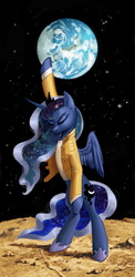 Size: 585x1200 | Tagged: safe, artist:lis-alis, princess luna, alicorn, pony, g4, bipedal, clothes, earth, eyes closed, female, freddie mercury, jacket, mare, moon, planet, pose, queen (band), raised hoof, shirt, solo, spread wings