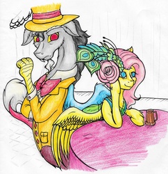 Size: 2400x2481 | Tagged: safe, artist:crazyaniknowit, artist:nekotigerfire, discord, fluttershy, g4, make new friends but keep discord, clothes, dress, female, gala dress, high res, male, traditional art