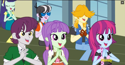 Size: 1366x711 | Tagged: safe, screencap, blueberry cake, indigo wreath, mystery mint, ringo, starlight, valhallen, equestria girls, g4, my little pony equestria girls: friendship games, background human, chs rally song, discovery family logo, group, sextet