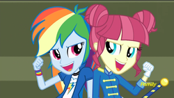 Size: 1366x768 | Tagged: safe, screencap, majorette, rainbow dash, sweeten sour, equestria girls, g4, my little pony equestria girls: friendship games, background human, baton, chs rally song, discovery family logo, female