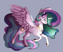 Size: 1024x853 | Tagged: safe, artist:sofilut, princess celestia, g4, curved horn, female, horn, solo, spread wings