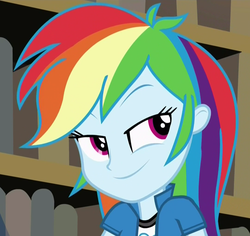 Size: 1079x1019 | Tagged: safe, screencap, rainbow dash, equestria girls, g4, my little pony equestria girls: friendship games, female, looking back, reaction image, smiling, smirk, smug, solo