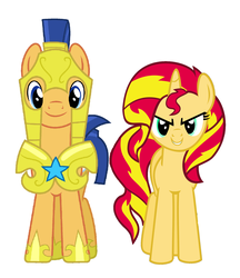 Size: 1864x2160 | Tagged: safe, artist:3d4d, artist:chainchomp2 edits, artist:vector-brony, edit, flash sentry, sunset shimmer, pegasus, pony, unicorn, g4, cute, evil grin, female, front, grin, male, royal guard, ship:flashimmer, shipping, simple background, smiling, smirk, straight, white background