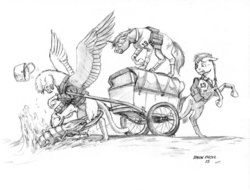 Size: 1200x913 | Tagged: safe, artist:baron engel, oc, oc only, griffon, insect, fallout equestria, cart, monochrome, monster, pencil drawing, traditional art