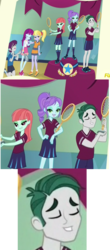 Size: 545x1239 | Tagged: safe, screencap, crystal lullaby, indigo wreath, marco dafoy, melon mint, mystery mint, equestria girls, g4, my little pony equestria girls: friendship games, animation error, background human, defeated, desperation, legs, losing, nose, smug, wreath's whys, yearbook