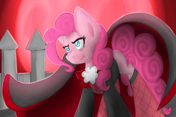 Size: 3000x2000 | Tagged: safe, artist:blairchan231, pinkie pie, vampire, g4, cape, clothes, costume, dracula, fangs, female, fishnet stockings, high res, solo