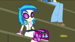 Size: 569x320 | Tagged: safe, screencap, dj pon-3, valhallen, vinyl scratch, equestria girls, g4, my little pony equestria girls: friendship games, animated, background human, cable, canterlot high, chs rally song, discovery family logo, keyboard, musical instrument, sneak peek, speaker, wondercolts, wub
